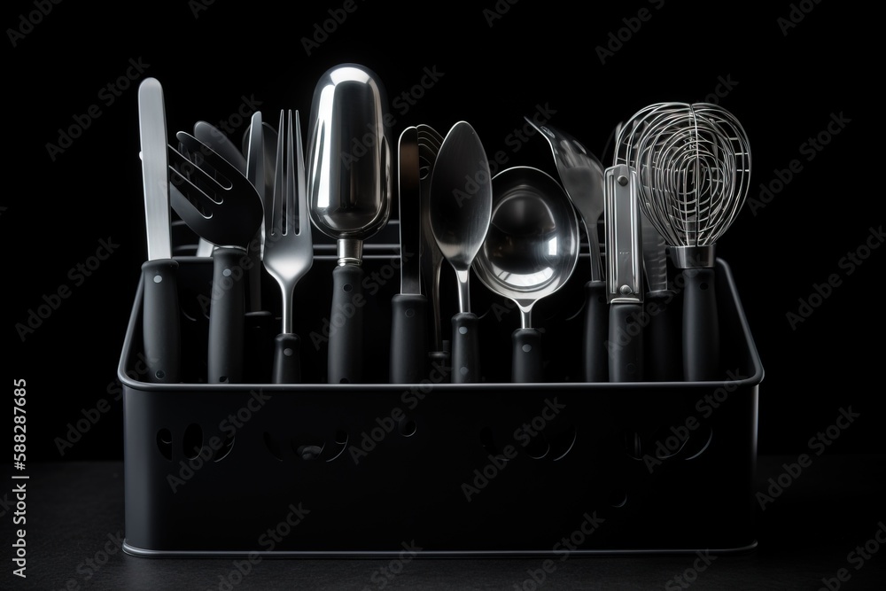 Poster a black container filled with silverware and utensils on a black tablecloth covered tablecloth with 