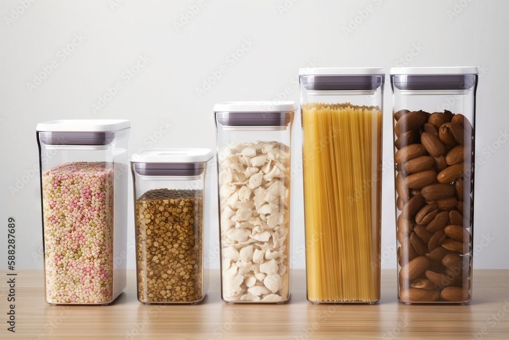 Poster a row of glass containers filled with different types of food and nuts on a wooden table with a whit