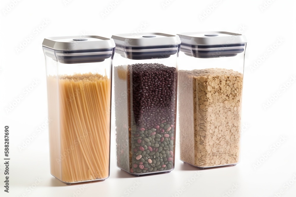 Poster three glass containers with food in them on a white surface with a black stripe on the bottom of the