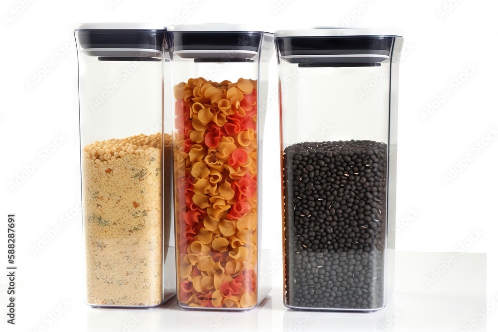 Poster three glass containers filled with different types of food and cereal in each container, each with a