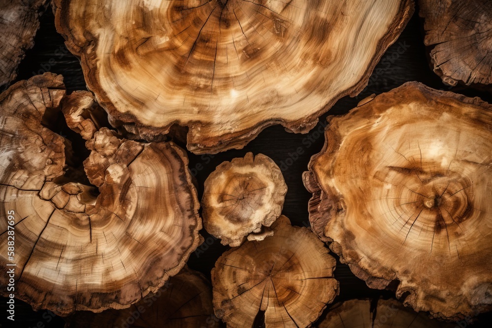 Poster a group of wood logs stacked on top of each other on a table with a black background and a black and