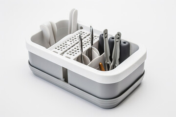  a white container with utensils in it on a white table top with a knife and fork holder in the middle of the container.  generative ai