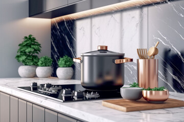 Naklejka na ściany i meble Kitchen stove in a kitchen, modern interior design. Super photo realistic background. Generative ai illustration