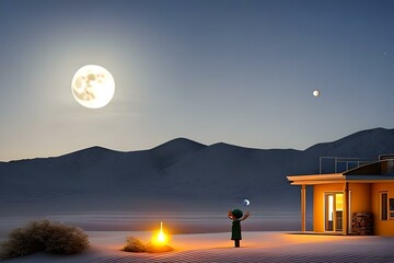 Beautiful land scape view with moon. Night land scape picture. lovers in the moonlight