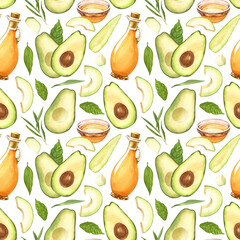 Watercolor seamless pattern of fresh whole, sliced avocado and oil bottle avocado. Hand-drawn illustration isolated on white background. Perfect food menu, healthy food drawing, design packing.