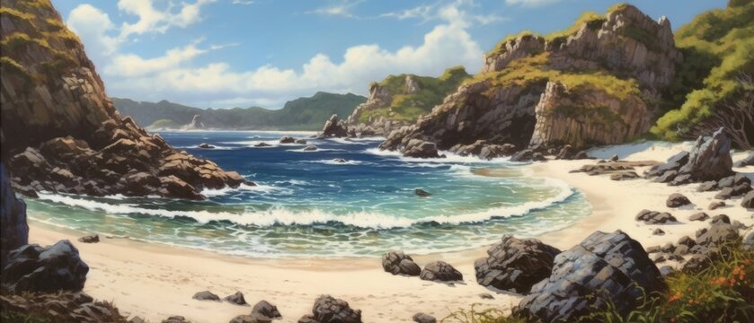 Secluded British coastline on a hot summer day, Atlantic ocean view with towering rocky cliffs and gentle calm waves splashing on the sandy beach, unspoiled natural shore - generative AI