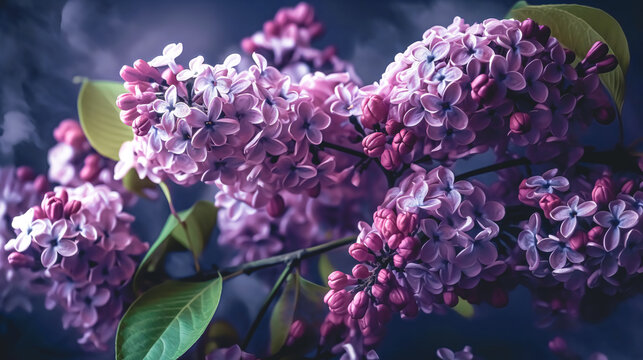 Lilac branches close-up on a blurred background, generative AI.