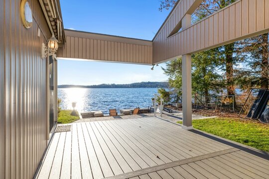 Beautiful view of the lake from the lakefront home on a sunny day