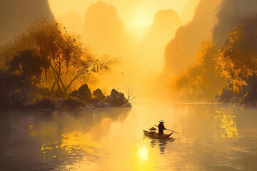Beautiful watercolor paintings, drawing Asian countryside