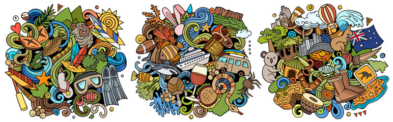 Australia cartoon vector doodle designs set. © balabolka