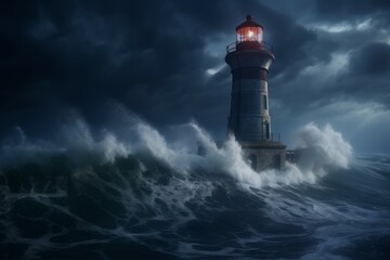 Storm at night lighthouse. Generate Ai