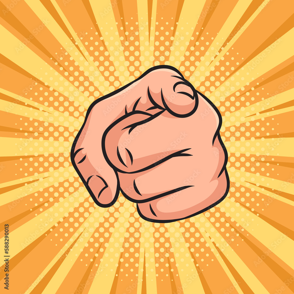 Aufkleber hand pointer points forward direction with index finger pinup pop art retro raster illustration. com