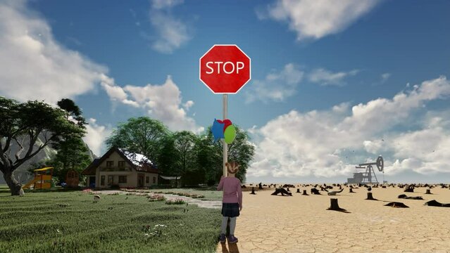 3D animation girl with colorful balloons in front of a stop sign, climate change concept, timelapse
