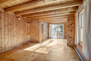 Interior of an empty room in a wooden house