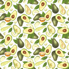 Watercolor seamless pattern of fresh whole and sliced avocado. Hand-drawn illustration isolated on white background. Perfect food menu, healthy food drawing, design packing.