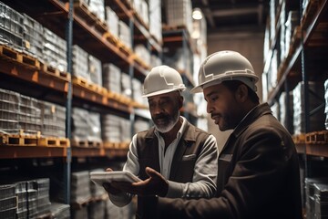 Fototapeta premium Revision managers discussing amount of loaded goods in racks. Generative ai. Warehouse, logistics workers. Business Storage.