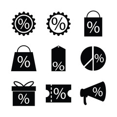 Discount set icon with megaphone, gitfbox, voucher, hangtag, diagram, bags, bagde discount isolated on white background