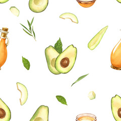 Watercolor seamless pattern of fresh whole, sliced avocado and oil bottle avocado. Hand-drawn illustration isolated on white background. Perfect food menu, healthy food drawing, design packing.