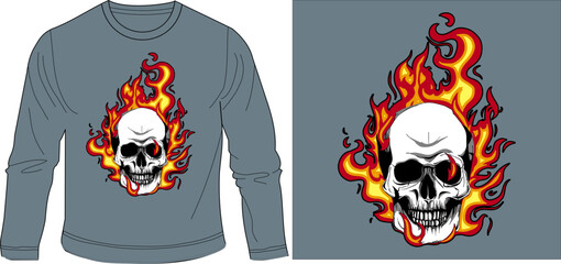 SKULL ON FIRE FLAME GHOST RIDER t-shirt graphic design vector illustration
