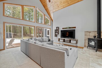 Interiors of a renovated cabin in northern New England with modern rustic amenities