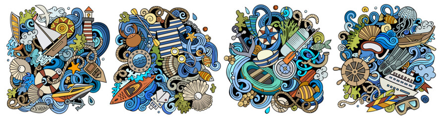 Marine cartoon vector doodle designs set.