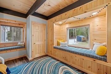 Interiors of a renovated cabin in northern New England with modern rustic amenities