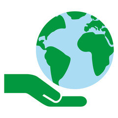 Logo Earth Day. Icono mapa de la tierra con silueta de mano