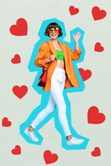 Collage artwork graphics picture of smiling funny lady walking waving hand hello getting likes isolated painting background