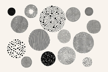 Circle shape elements in trendy style. Vector design elements. Abstract dots, lines, curves shapes illustration set. Modern grungy style poster. Vector illustration.