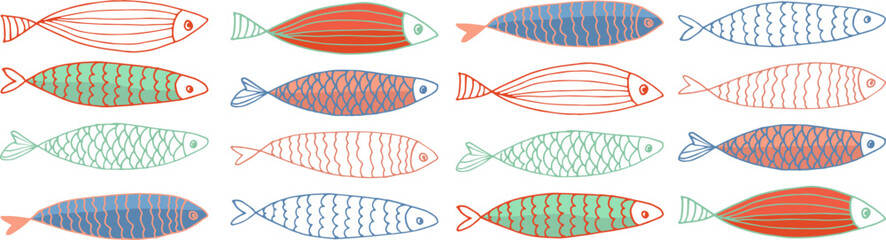 Multicolored fish. Vector illustration. 16 colorful fish.