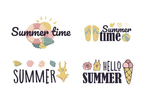 Collection of colorful beautiful summer stickers. Summer nautical hand drawn lettering vector set. Bright decorative set of design elements. All objects are separated. Drawn by hand. Vector.