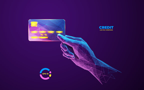 3D Credit card in hand. Abstract hand holding credit card. Digital hand using credit card for online payment or payment transaction or online mobile banking. Low poly wireframe vector illustration.