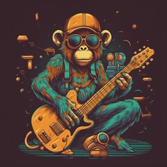 Monkey with glasses playing electric guitar, retro style for t-shirt design. Generative ai