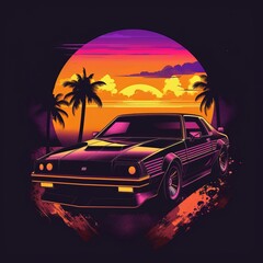Fototapeta na wymiar retro car on the beach, sunset, synthwave, for t-shirt design. Generative ai
