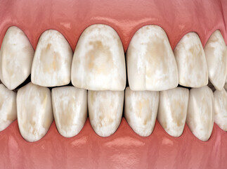 Tooth demineralization, removal of minerals from hard tissues: enamel, dentine, and cementu. Dental 3D illustration