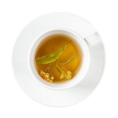 Linden tea in white cup with saucer isolated on white background. Top view.