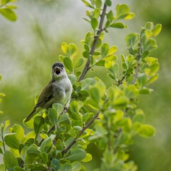 Closeup shot of a Eurasian blackcap perched on the branch of a summer tree with green leaves