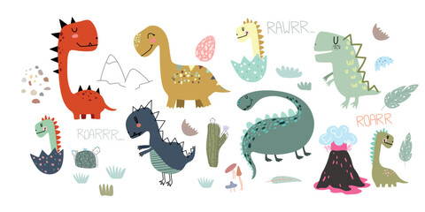 Dinosaurs vector set in cartoon Scandinavian style. A colorful cute children's illustration is perfect for a child's room.