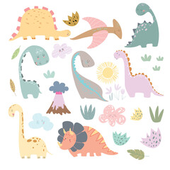 Cute dinosaur set for kids, baby design. Colorful dino of hand drawn style. Vector illustration of dinosaurs isolated on background.