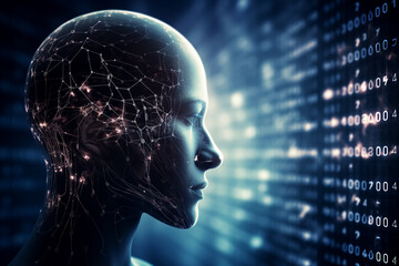 ai generated illustration Human head outline with circuit board talking to each other with binary numbers on blue background,