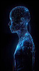 ai generated illustration Human head outline with circuit board talking to each other with binary numbers on blue background,