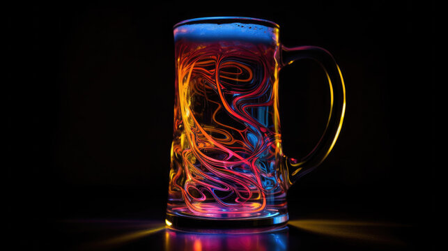 A Glass of Beer on a table with neon Lights effect, Generative AI
