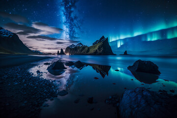 Naklejka na ściany i meble Arctic Splendor: The Majestic Aurora Borealis Over a Glowing Fjord, ai generative