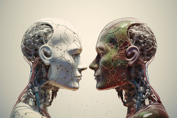 ai generated illustration of  robots heads close to each others cyborg,