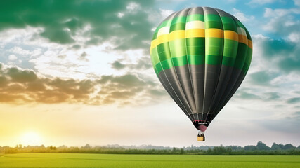 Fototapeta premium hot air balloon on the background of a green field and sun cloudy sky copy space Generative AI