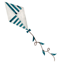 Watercolor element, kite in blue colors isolated on white background. For various childish products, decor, cards etc.