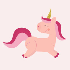 Cute unicorn with gold horn. Vector illustration.