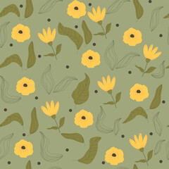 Seamless repeating pattern with yellow flowers and leaves on a green background. Hand drawn fabric, gift wrapping, wall art design.