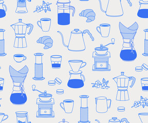 Seamless pattern of tools for brewing coffee, sweets, and coffee branch. Line art, retro. Vector illustration for coffee shops, cafes, and restaurants.