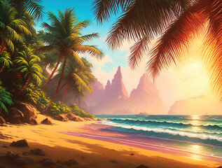 Obraz na płótnie Canvas Illustration eines karibischen Strandes bei Sonnenuntergang, farbenfroh